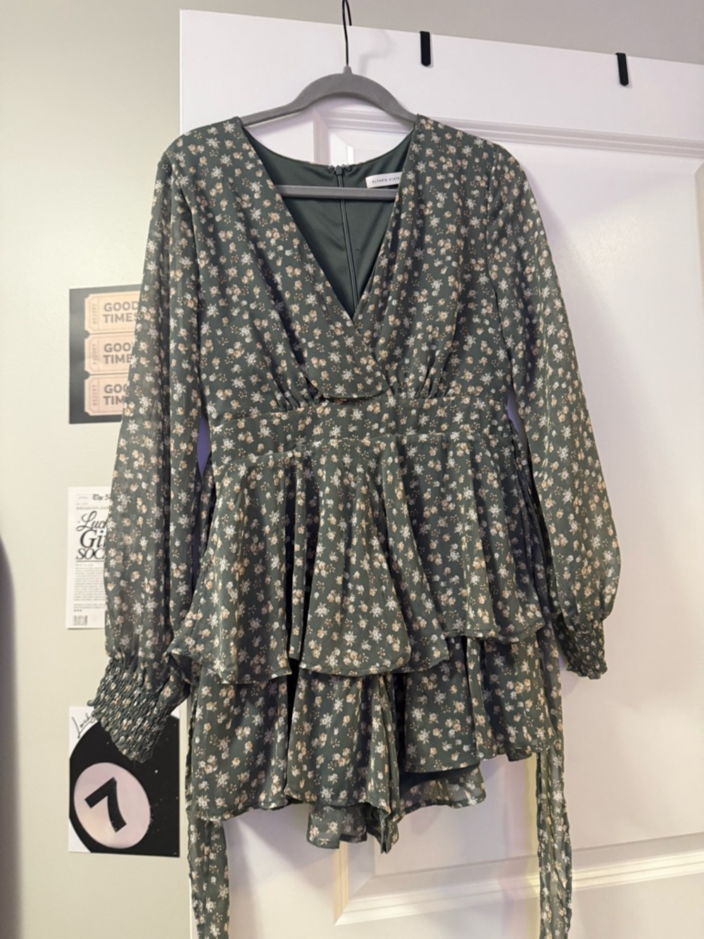 Altar'd State Olive Green Floral Tiered Mini Dress